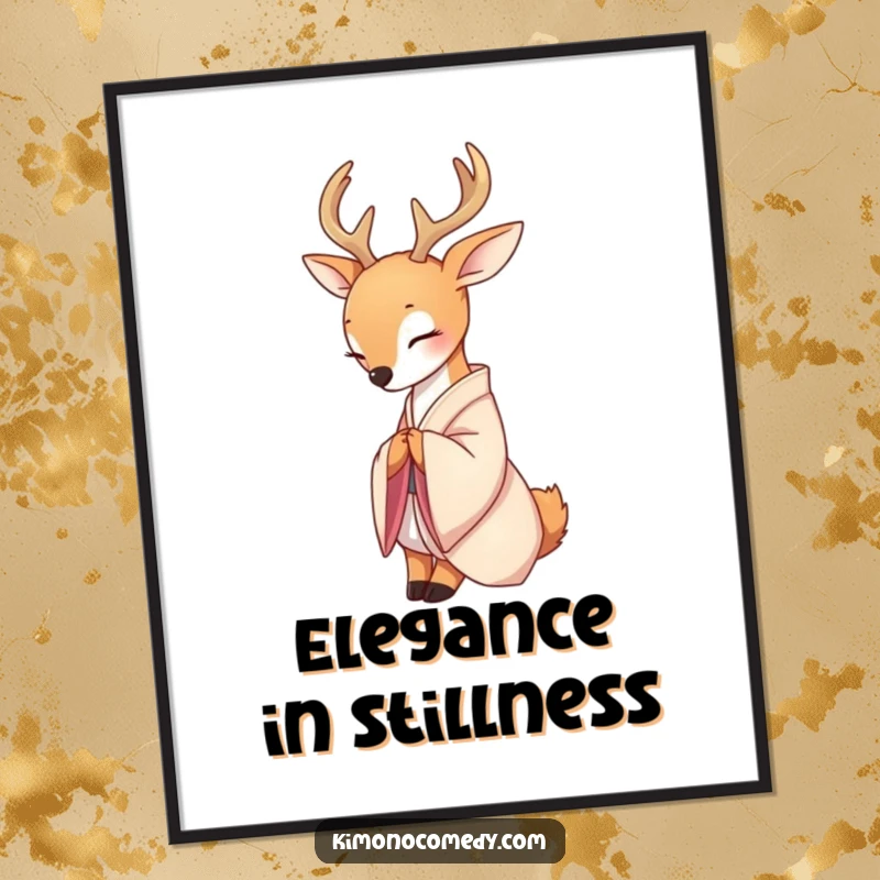 Funny wall poster of a serene deer in a delicate silk kimono, performing a graceful bow, adding a touch of peaceful elegance.