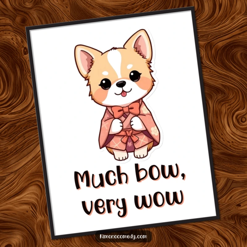 Funny dog wearing a detailed kimono and bowing politely, presented as humorous wall art on a poster.