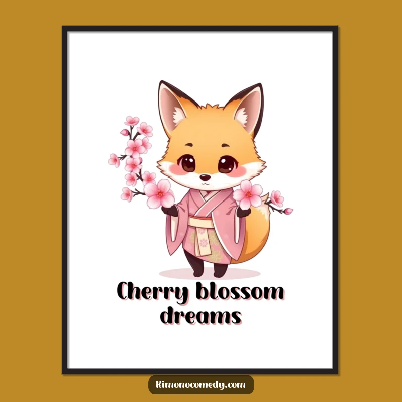 Funny Fox Kimono Poster: Elegant Wall Art of Cherry Blossom Offering Fox
