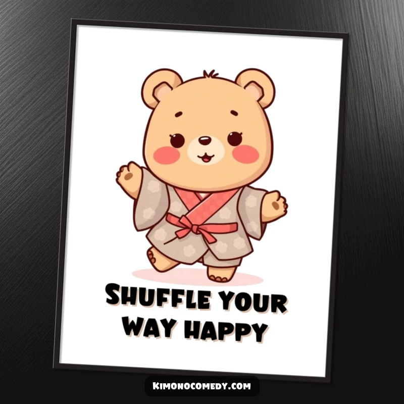 Funny Kawaii Bear Poster: Happy character in a traditional kimono, doing a little happy shuffle, creating a joyful and vibrant wall display.