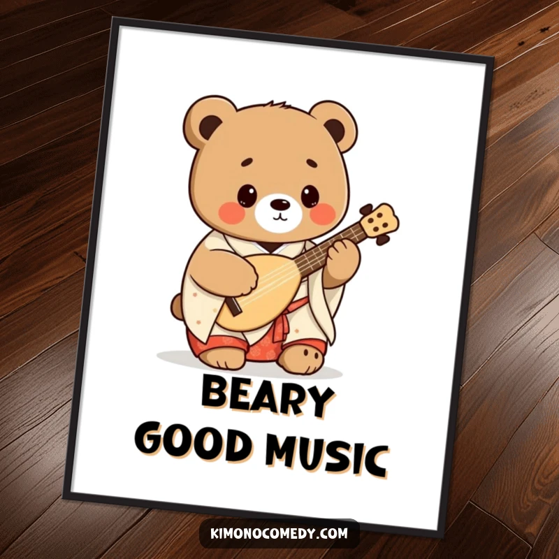 Funny kawaii bear in a traditional kimono playing a shamisen, a vibrant and humorous Japanese art poster for wall decoration.