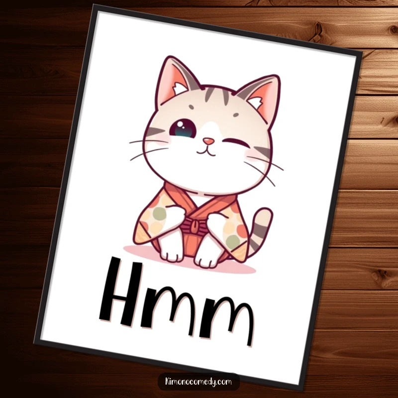 Funny Kawaii cat poster, illustration of a cat in a whimsical kimono tilting its head curiously, humorous and charming wall decor.