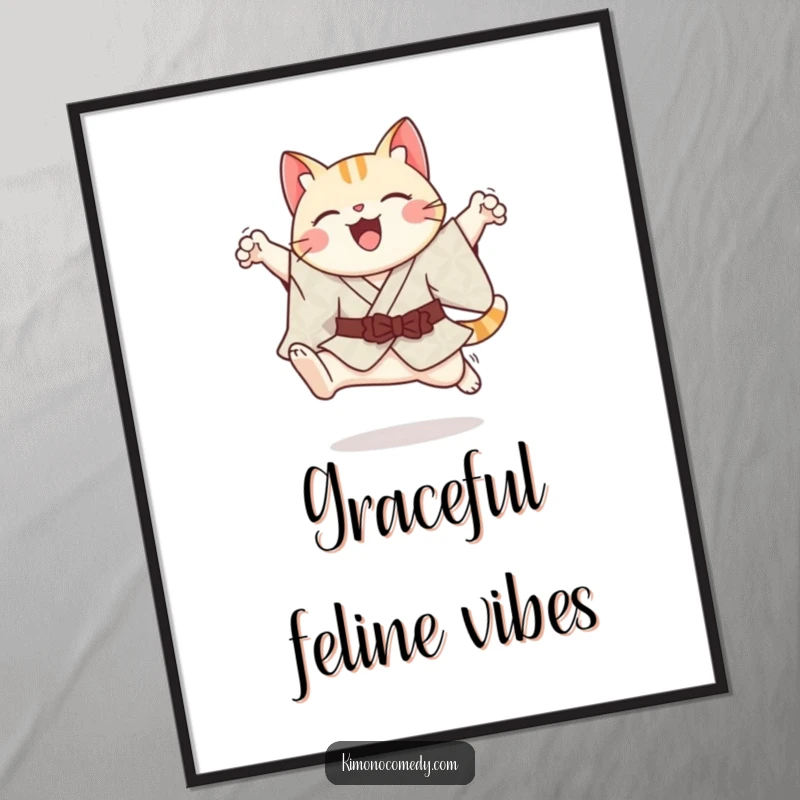 Funny cheerful kawaii cat in a patterned kimono, in a graceful leap, displayed as a vibrant art poster.