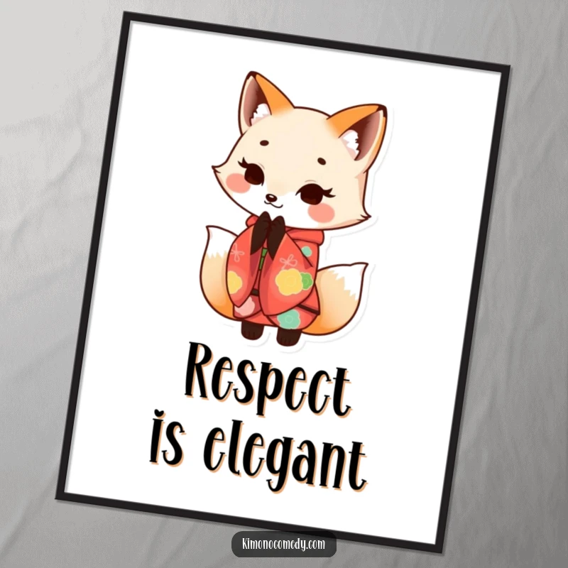 Funny Kawaii fox in a vibrant kimono, bowing with a gentle smile, displayed on this elegant and humorous poster.