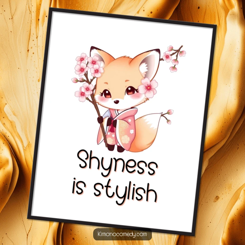 Funny Kawaii Fox Poster: Shy character in a beautiful kimono, peeking from behind a cherry blossom, creating a delicate and artistic wall display.