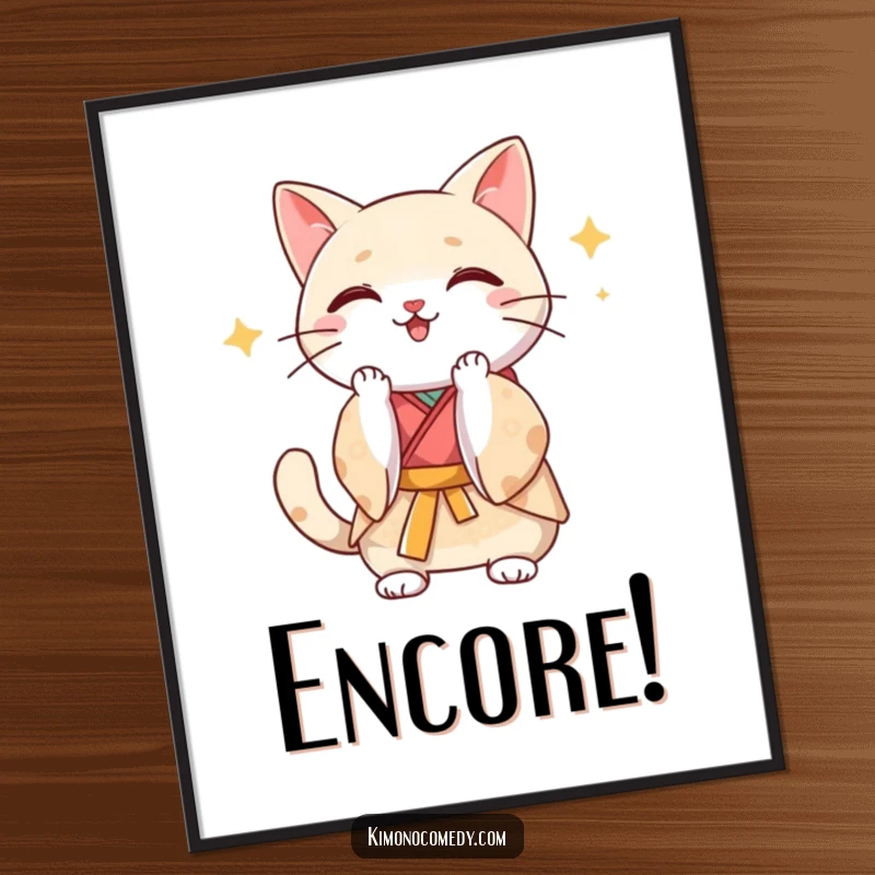 Funny Kawaii cat in a silk kimono clapping paws joyfully, whimsical and humorous wall art print to inspire celebration.