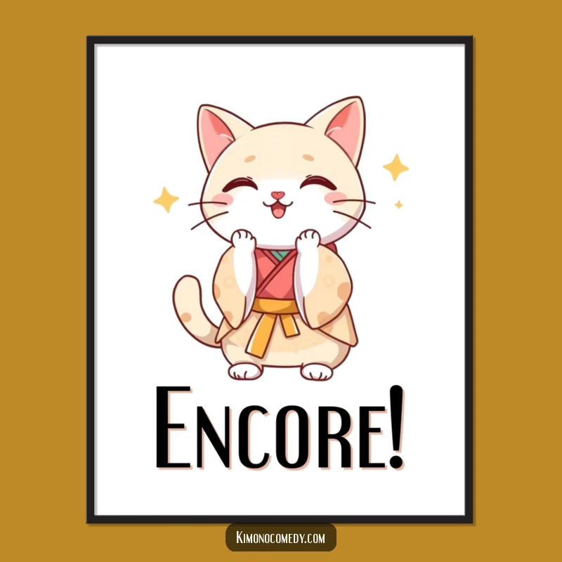 Funny Kawaii Kimono Cat Clap Art Print - Humorous Wall Decor