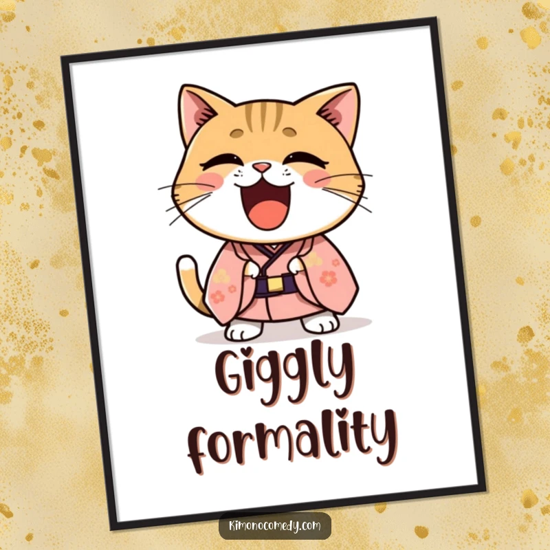 Funny Kawaii cat in a formal kimono laughing heartily, whimsical and humorous wall art print to bring cheer.