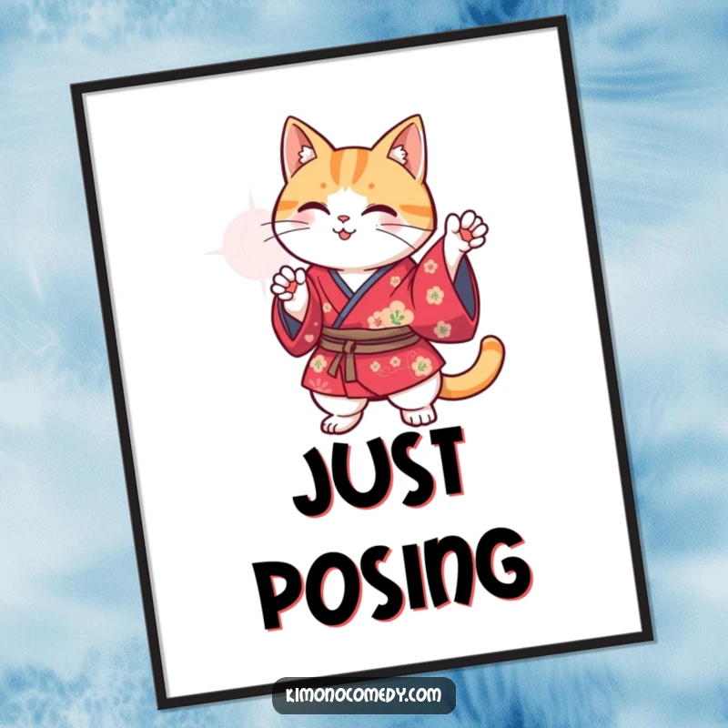 Funny Kawaii cat in a vibrant kimono striking a hilarious pose, whimsical and humorous wall art print for any room.