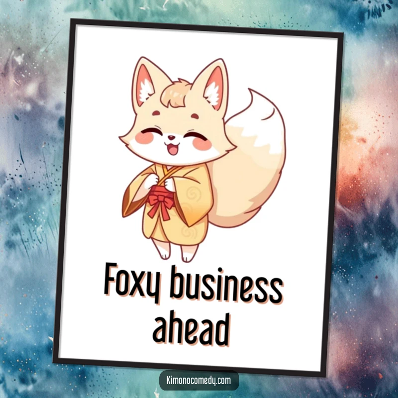 Funny Kawaii Kitsune Poster: A giggling fox with numerous tails in traditional attire shares a happy moment, its tails a flurry of fun.