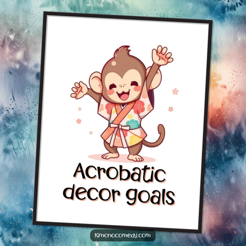 Funny Kawaii Monkey Poster: A vibrant depiction of a cute monkey in a festive kimono doing a flip.