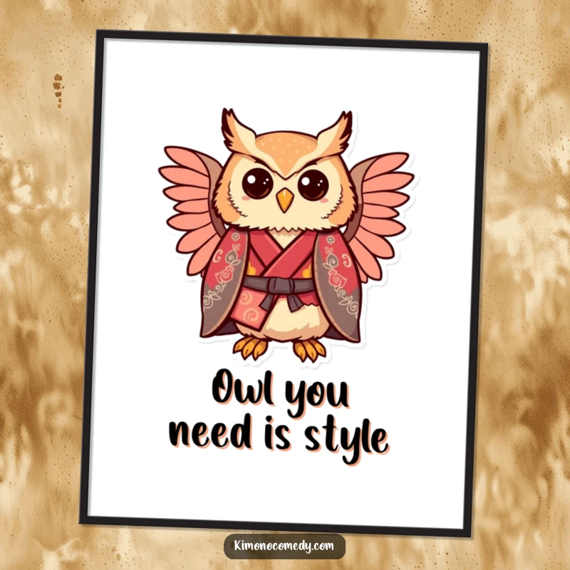 Funny kawaii owl in a regal kimono, looking comically proud, unique wall art print.