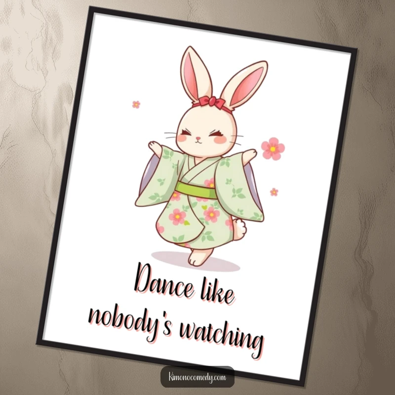 Funny Kawaii Rabbit Poster: A graceful print of a rabbit in a floral kimono dancing, adding elegance and humor to decor.