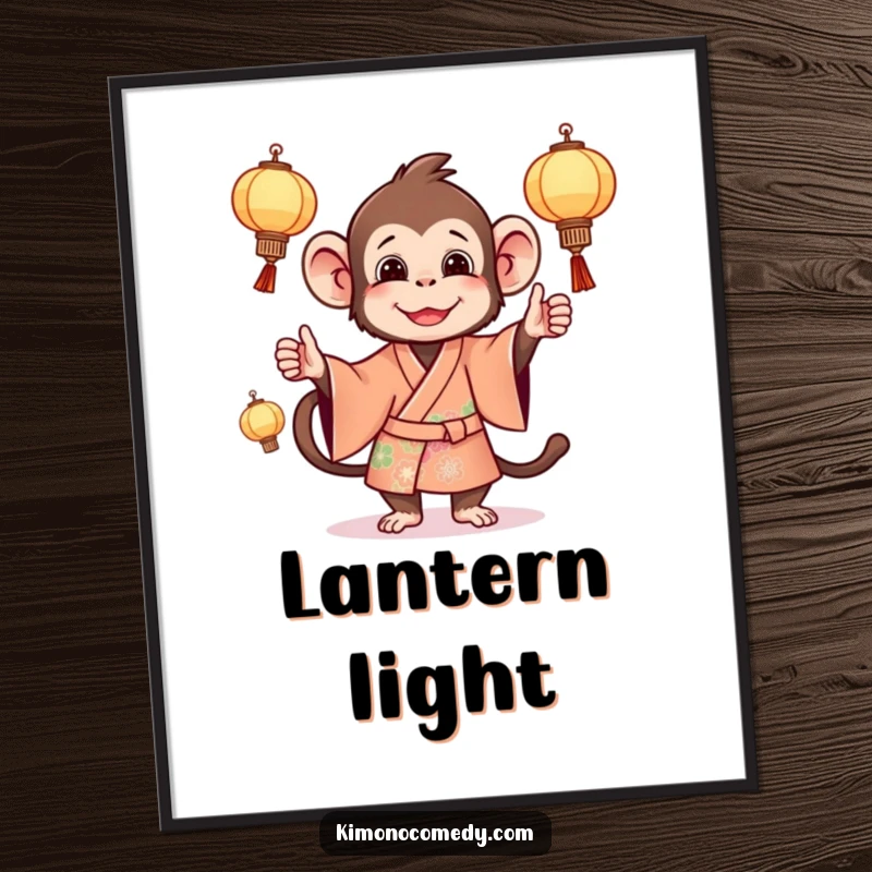 Funny monkey poster capturing a mischievous primate in a bright kimono, juggling small, glowing lanterns with skill.