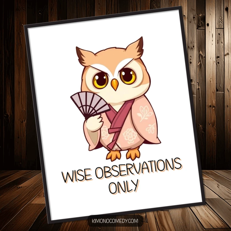 Funny owl depicted in a detailed kimono, holding a fan, presented as elegant wall art on a poster.