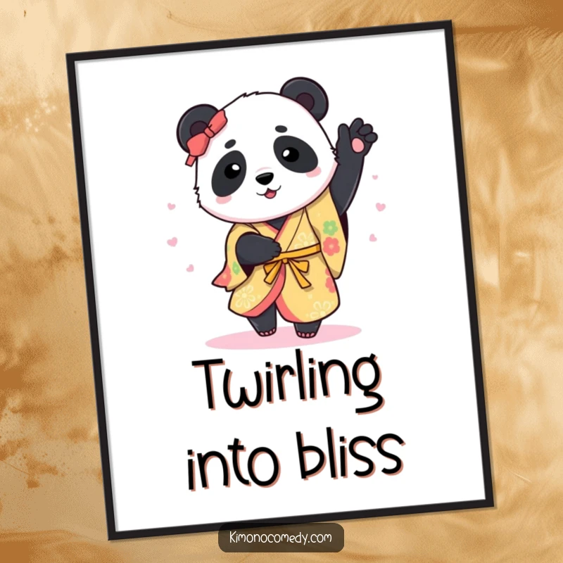 Funny Poster: A lively panda in a vibrant kimono performs a graceful spin, bringing a sense of movement and cheer to your wall.