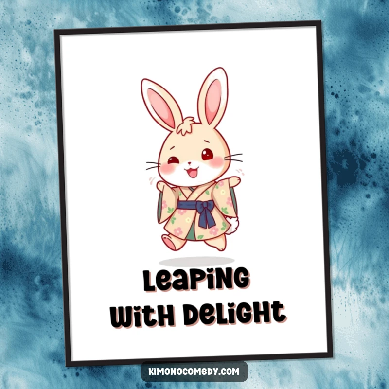 Funny wall poster of a happy rabbit in a floral kimono, depicted mid-hop with exuberant joy, adding a cheerful touch to any room.