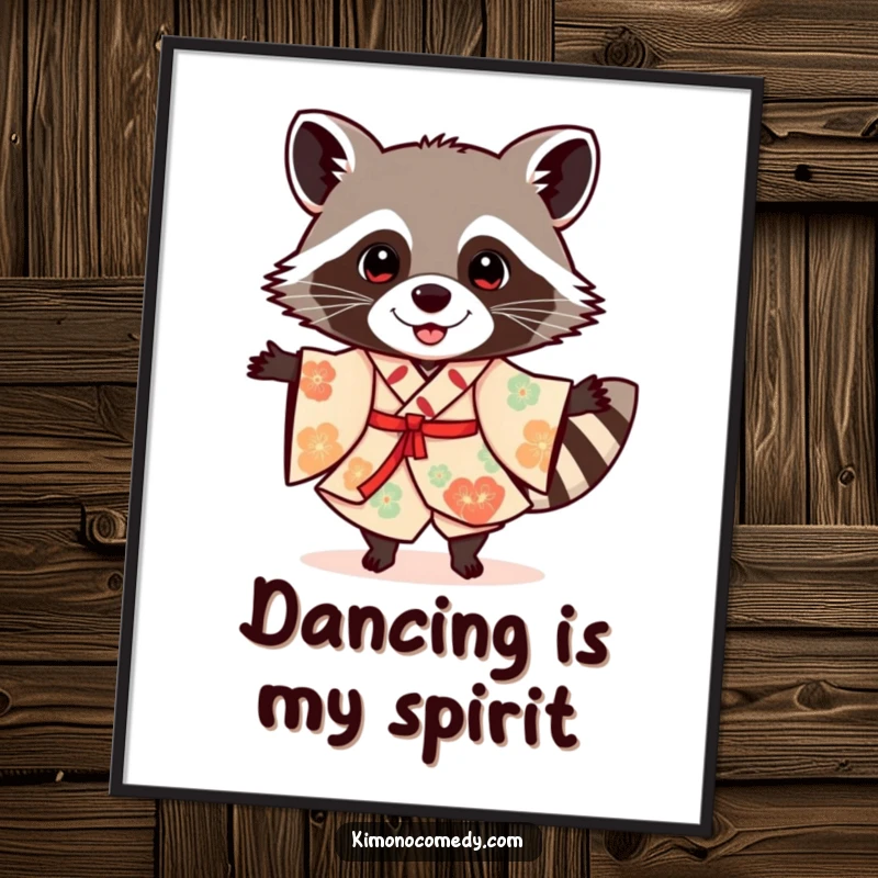 Funny raccoon in a festive kimono, dancing joyfully, presented as vibrant wall art on a poster.