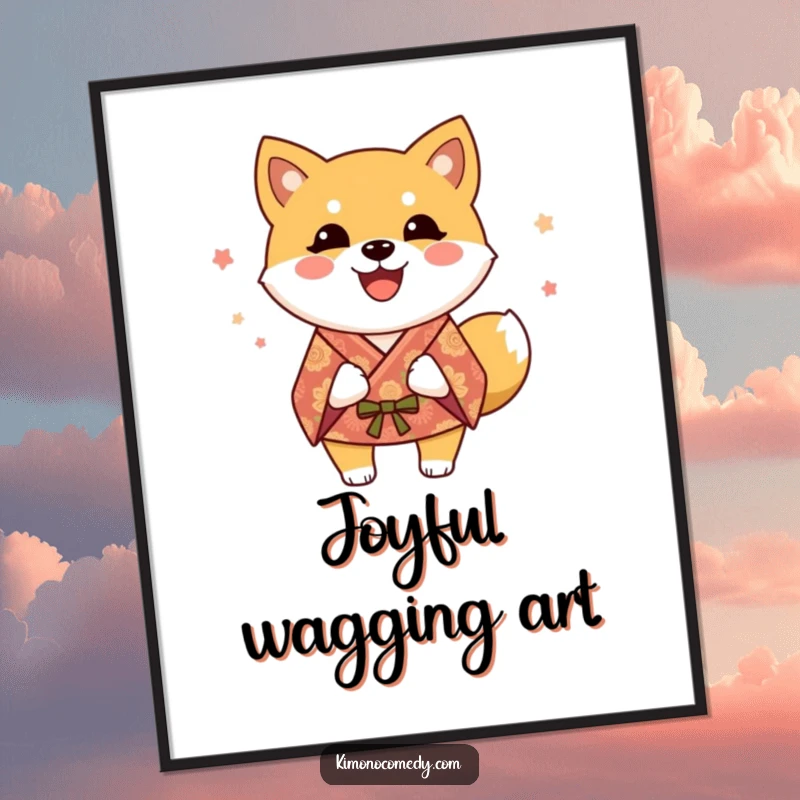 Funny Shiba Inu Poster: A happy dog adorned in a festive kimono, captured mid-wag with pure, unadulterated joy.