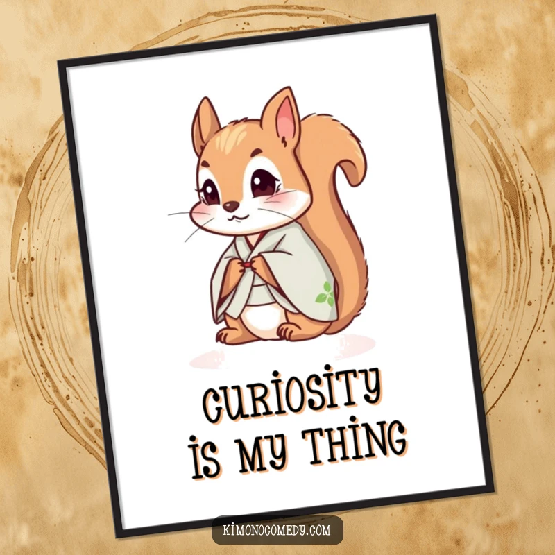 Funny small squirrel in a kimono, looking curious, presented as whimsical wall art on a poster.