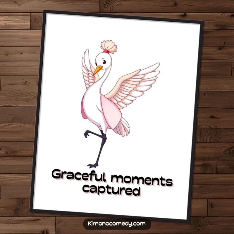 Funny crane in a flowing kimono performing a gentle dance, elegant wall art, serene illustration, perfect humorous gift.