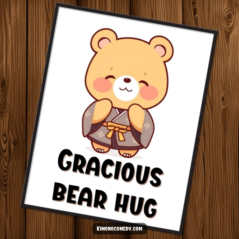 Funny bear in a formal kimono, bowing politely with a warm, inviting smile. A friendly wall art piece.