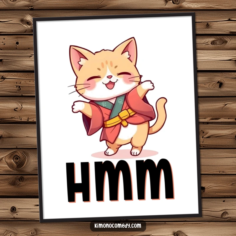 Funny Kawaii cat in a whimsical kimono tipping its head curiously, whimsical and humorous wall art print to inspire thought.