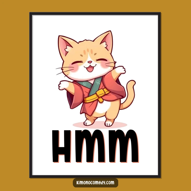 Funny Kawaii Kimono Cat Curious Art Print - Humorous Wall Decor
