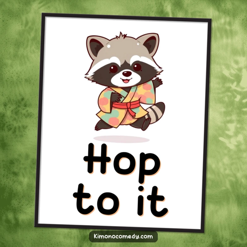 Funny raccoon poster capturing a cheerful creature in a vibrant kimono, doing an excited little hop.