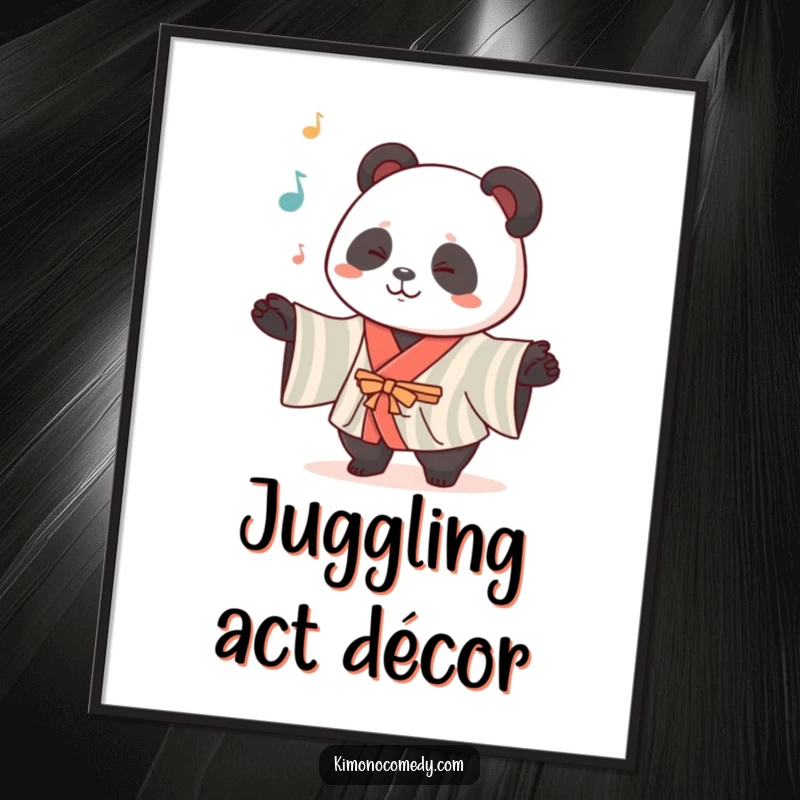Funny Kawaii Panda Poster: A cute panda in a striped kimono juggles objects with playful skill, adding whimsical humor to your walls.