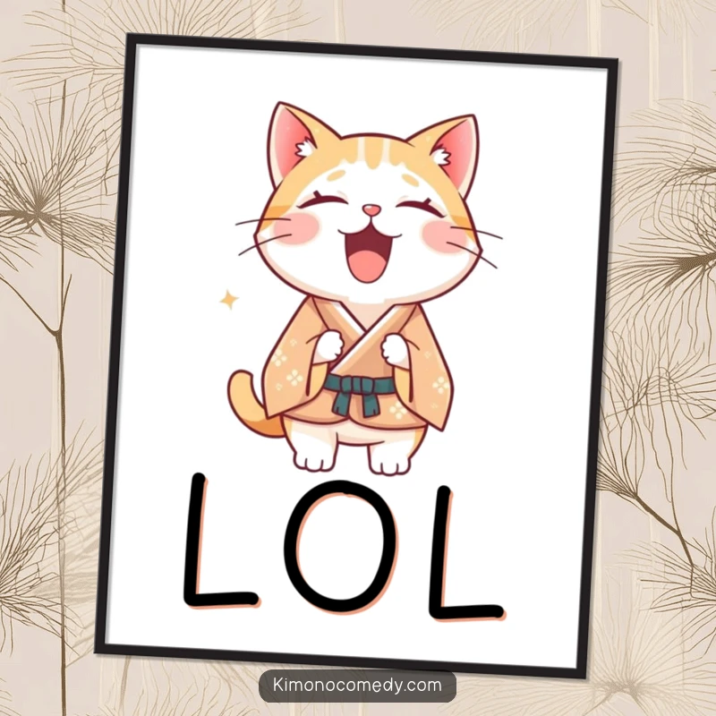 Funny Kawaii cat poster, illustration of a cat in a formal kimono laughing heartily, humorous and joyful wall decor.
