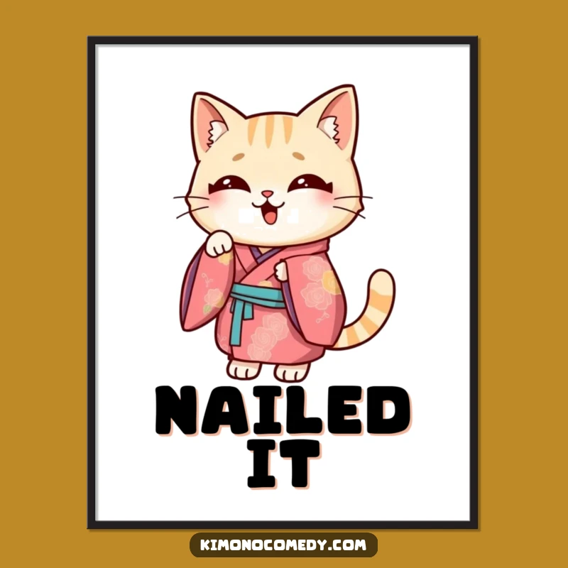 Funny Kawaii Cat Kimono Poster: Striking Pose, Whimsical Wall Art Gift!