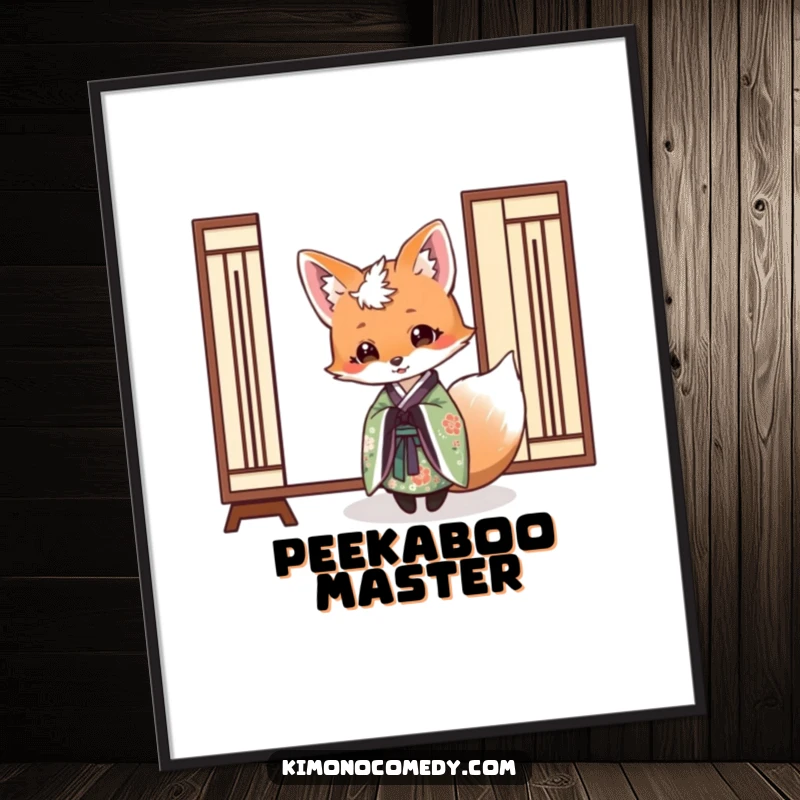Funny poster featuring an elegant fox in a kimono playfully peeking from behind a paper screen, adding mysterious humor to decor.