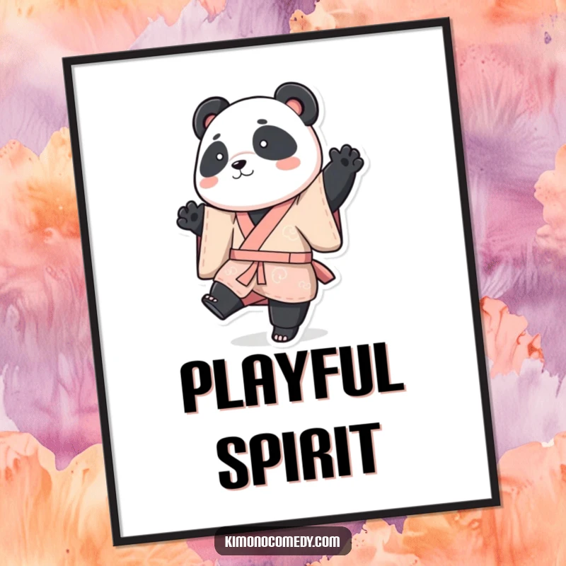 Funny panda poster, a panda in a vibrant, elegant kimono playfully posing with one leg lifted, funny gift.