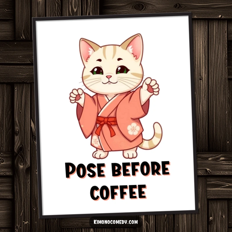 Funny Poster: A graceful cat in a traditional kimono strikes a fashionable pose, adding a touch of elegance and humor to your decor.