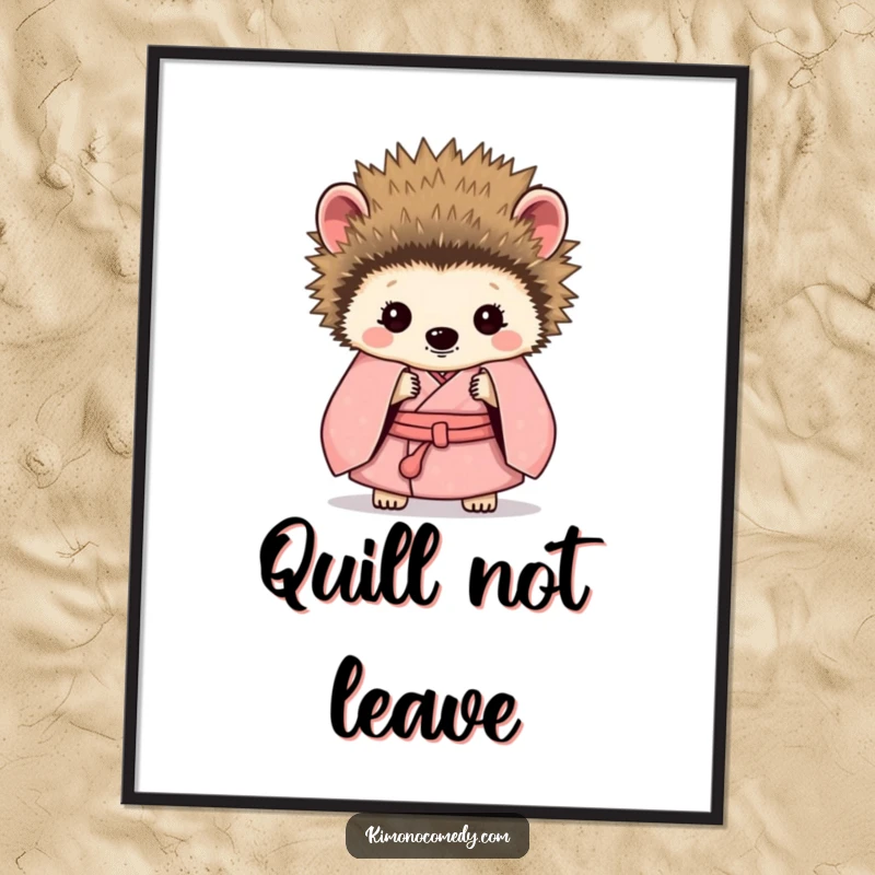 Funny Hedgehog Kimono Poster: A shy hedgehog in a kimono, hiding behind its quills, a humorous illustration for wall decor.