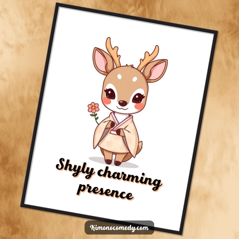 Funny shy kawaii deer in a pastel kimono, offering a small flower gently, as a charming art poster.