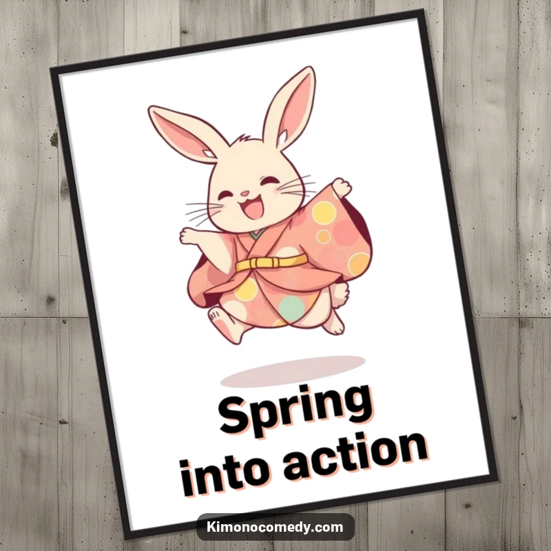 Funny rabbit in a stunning kimono, captured in a moment of playful, energetic leaping. A delightful wall art piece.