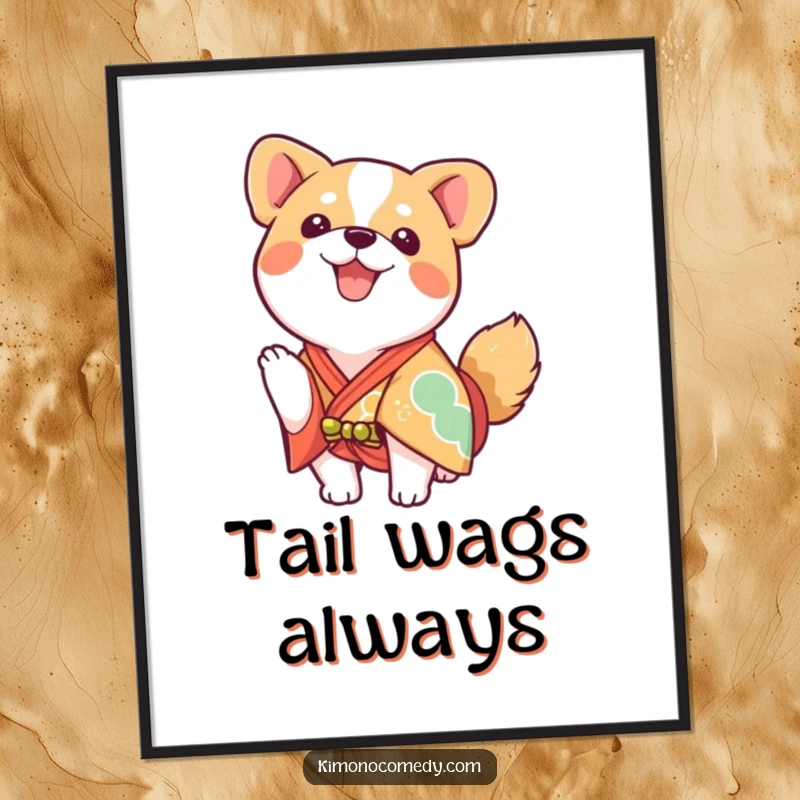 Funny kawaii dog wearing a bright kimono, wagging tail, joyful wall art print.