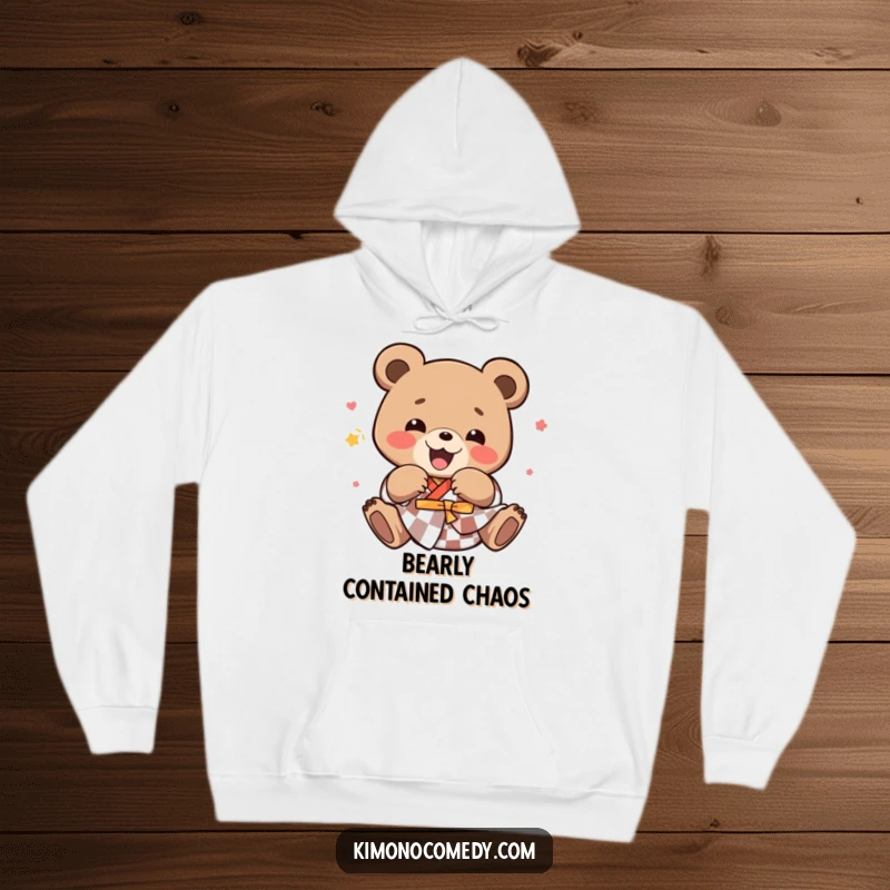 Funny kawaii bear in a checkered kimono, tumbling with ecstatic joy, featured on a soft, warm hoodie.