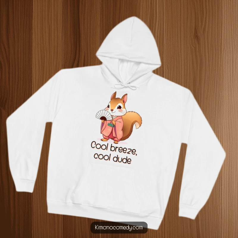 Funny Squirrel Kimono Hoodie depicting a happy squirrel in a colorful kimono holding a fan, offering warmth and humor.