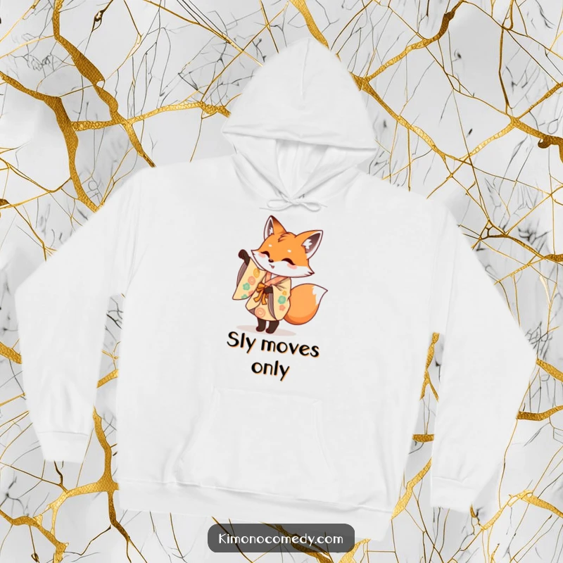 Funny hoodie depicting a mischievous fox in a colorful kimono performing a playful pirouette, offering cozy and artistic vibes.