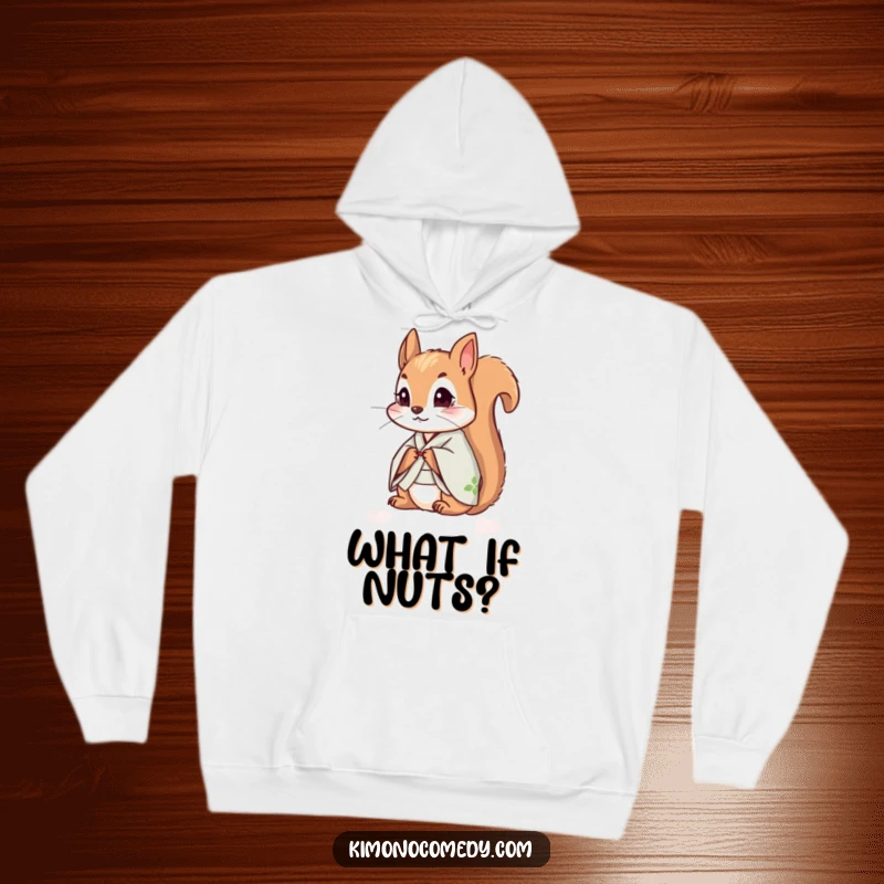 Funny squirrel in a small kimono, looking curious, featured on a cozy hoodie for humorous and warm wear.