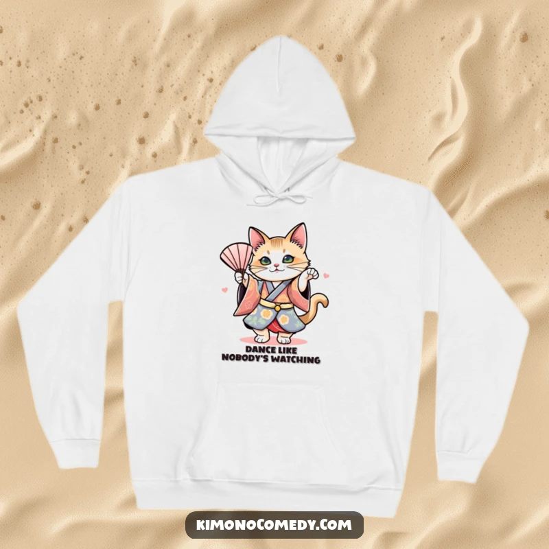 Funny hoodie featuring a cat in a detailed kimono performing a dynamic fan dance, blending comfort with artistic humor.