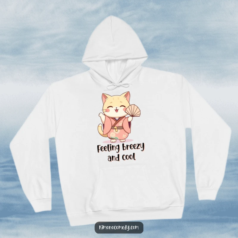 Funny cat fan hoodie featuring a kawaii cat in a festive kimono, happily waving a fan, perfect for cozy celebrations.