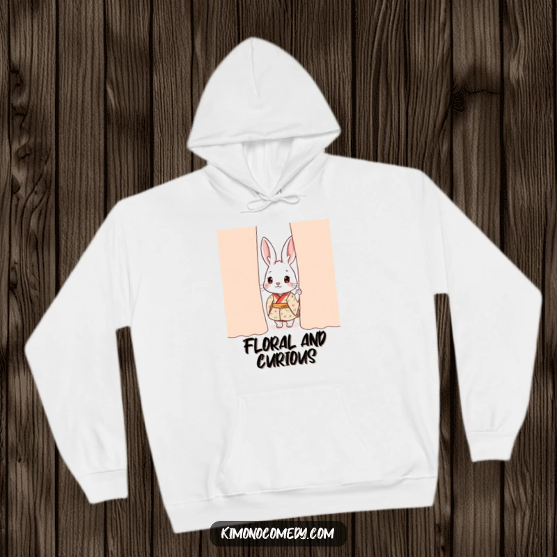 Funny kawaii rabbit hoodie, showing a rabbit in a floral kimono peeking from behind a curtain, offering warmth and charm.