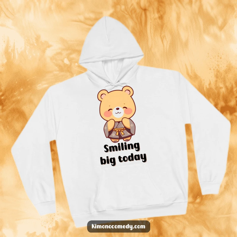 Funny bear in a formal kimono, bowing politely with a cheerful smile. A warm and humorous hoodie.