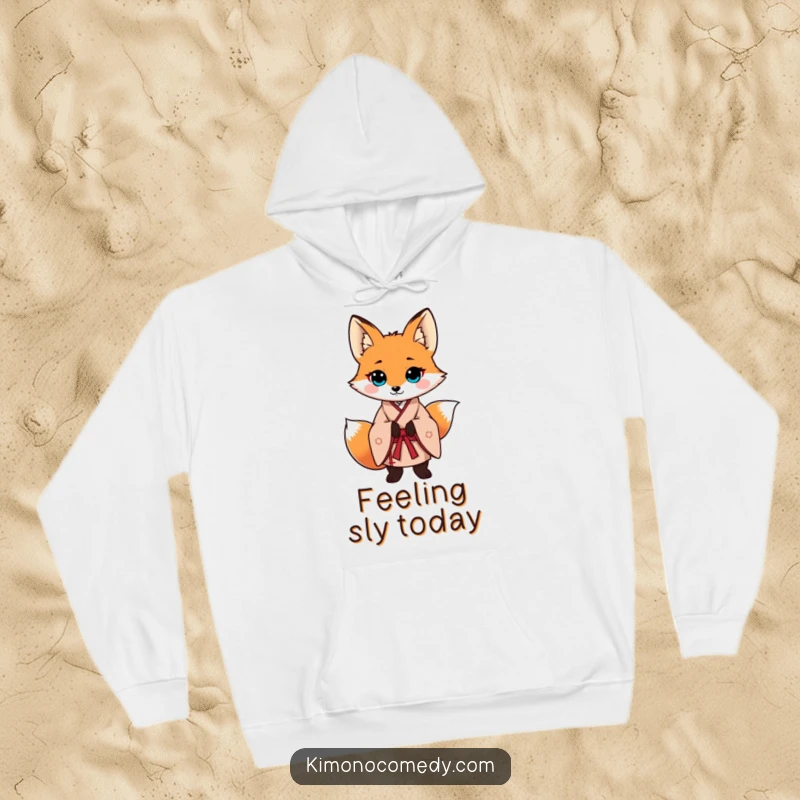 Funny fox in a detailed traditional kimono, striking a confident, cool pose. A warm and humorous hoodie.