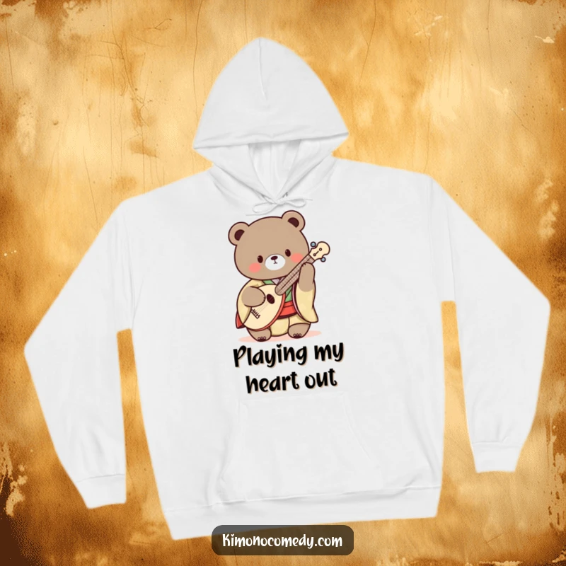 Funny Kawaii Bear Hoodie: A cozy hoodie with a bear in a kimono playing a shamisen, a humorous and warm present.