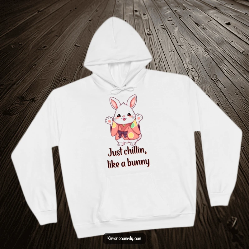 Funny Kawaii Bunny Hoodie: Fluffy character in a vibrant kimono, excitedly waving paws, offering cozy comfort and a dose of happiness.